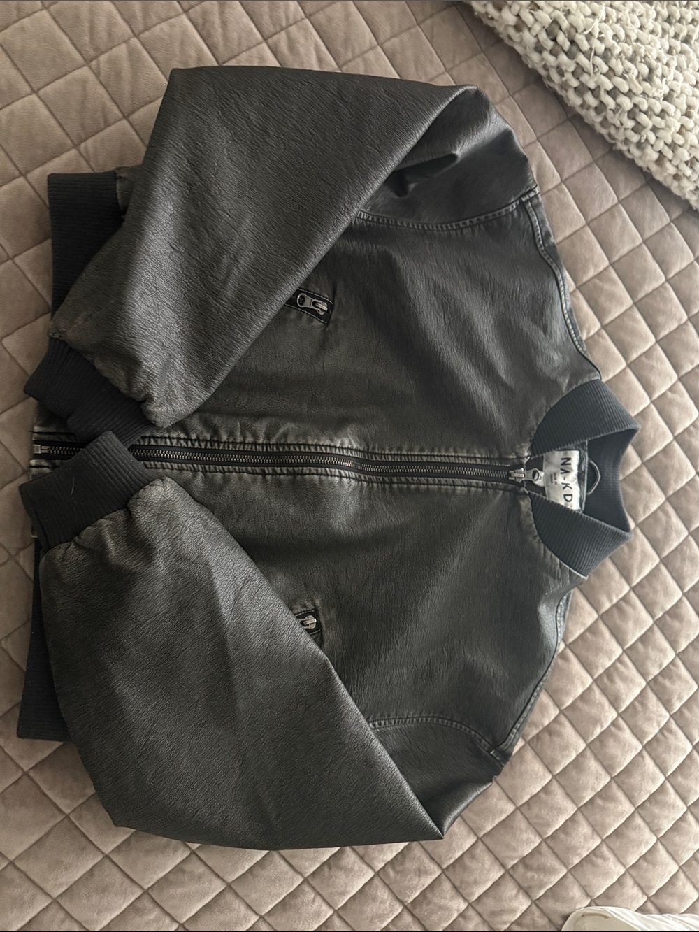 naked wardrobe Black Faux Leather Bomber Jacket with Ribbed Trim